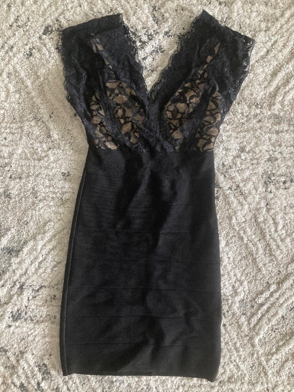 NWT Bebe black beige lace floral double v neck bandage top dress xs
